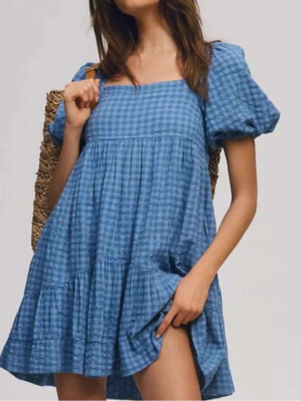 Pilcro Blue Gingham Baby Doll Puff-Sleeve Mini Dress Sz Medium